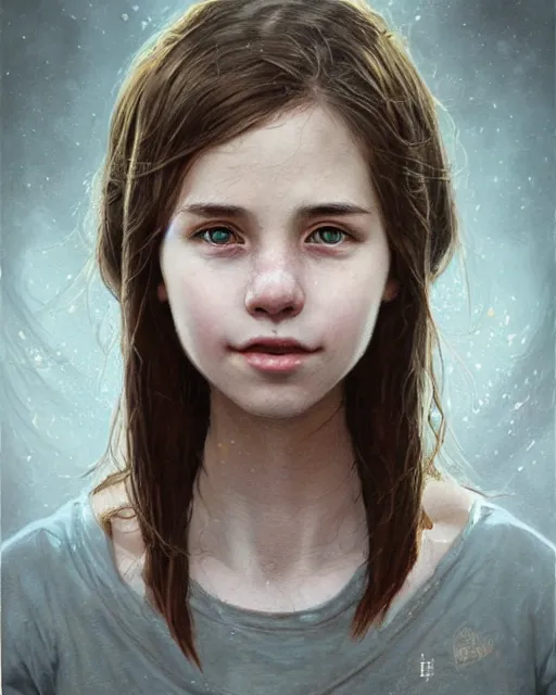 Image similar to symmetry!! portrait of smiling 1 5 - year - old girl with voluminous bushy brown hair, large front teeth, and bright piercing brown eyes, hyper realistic face, beautiful eyes, fantasy art, in the style of greg rutkowski, intricate, hyper detailed, smooth