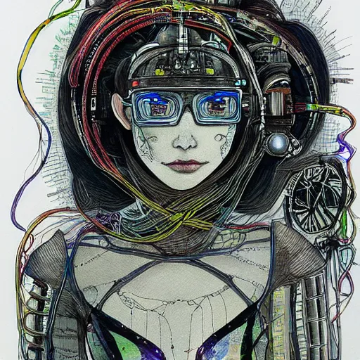 Prompt: scifi portrait of a girl wearing a strange mechanical hat covered in loose wires, black pen and water color, by Terada Katsuya