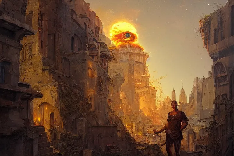 Image similar to a greek man on the ancient floerence alleyway overlooking at the grand epic destructive nuclear explosion at renaissance italy during daylight in the style vincent di fate, peter mohrbacher, yoann lossel, ethereal, golden hour, beautiful, nuclear mushroom smoke