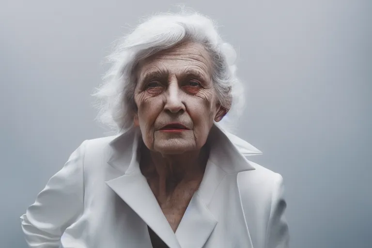 Image similar to a realistic cinematic headshot portrait of an old woman, wearing futuristic white suit in a skyscaper office, 4 k, ultra realistic, dramatic lighting, rain, clouds, fog, vogue, fashion, magazine spread, by annie leibovitz