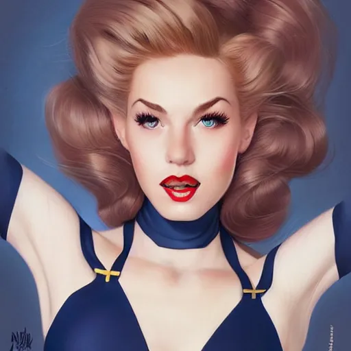 Image similar to a beautiful pin - up portrait of a beautiful cute superhero woman, blonde hair, matte navy - blue bodysuit, white cape, intricate, elegant, 8 k, highly detailed, digital painting, concept art, smooth, sharp focus, illustration, by norman rockwell and artgerm and loish and wlop