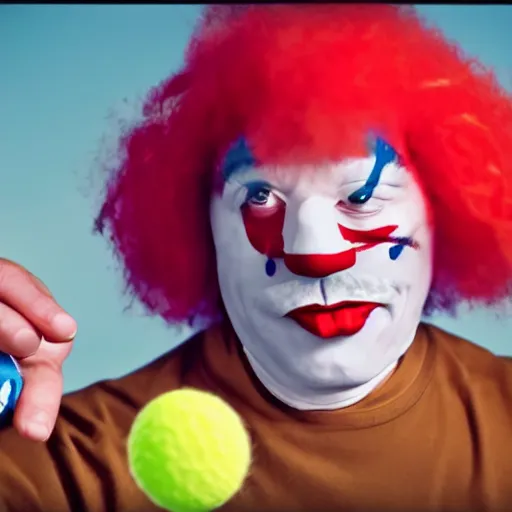 Image similar to homey d. clown hitting the man on the head with a sock full of tennis balls, 4k, hyperrealistic, cinematic