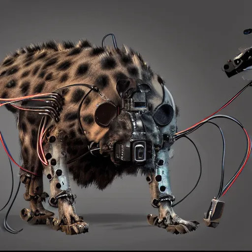 Prompt: pet robot hyena, cyborg with exposed wires and metal, lights, camera lenses for eyes, realistic high quality concept art