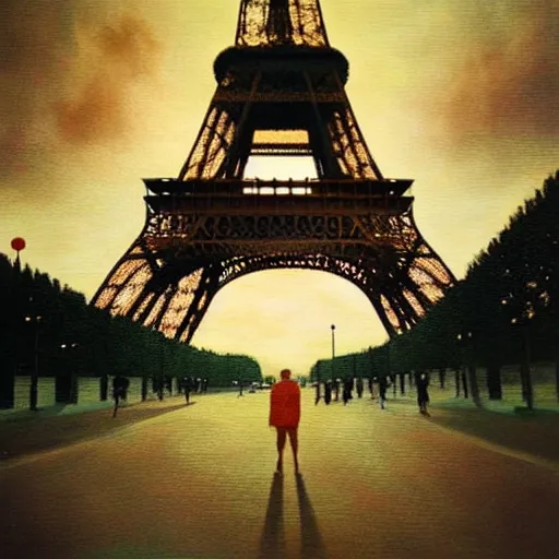 Image similar to a dream of several people running in a field and the eiffel tower in the background in a place that at the same time is illuminated by the sun causes a feeling of strangeness, oil painting, ultradetailed, artstation, polaroid photo, perfect photo, photo pinterest, polaroid photo, perfect photo, photo pinterest