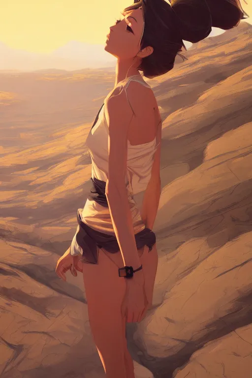 Image similar to a girl hiking in the desert, fine - face, realistic shaded perfect anatomy, fine details. night setting. very anime style. realistic shaded lighting poster by ilya kuvshinov katsuhiro, magali villeneuve, artgerm, jeremy lipkin and michael garmash, rob rey and kentaro miura style, trending on art station