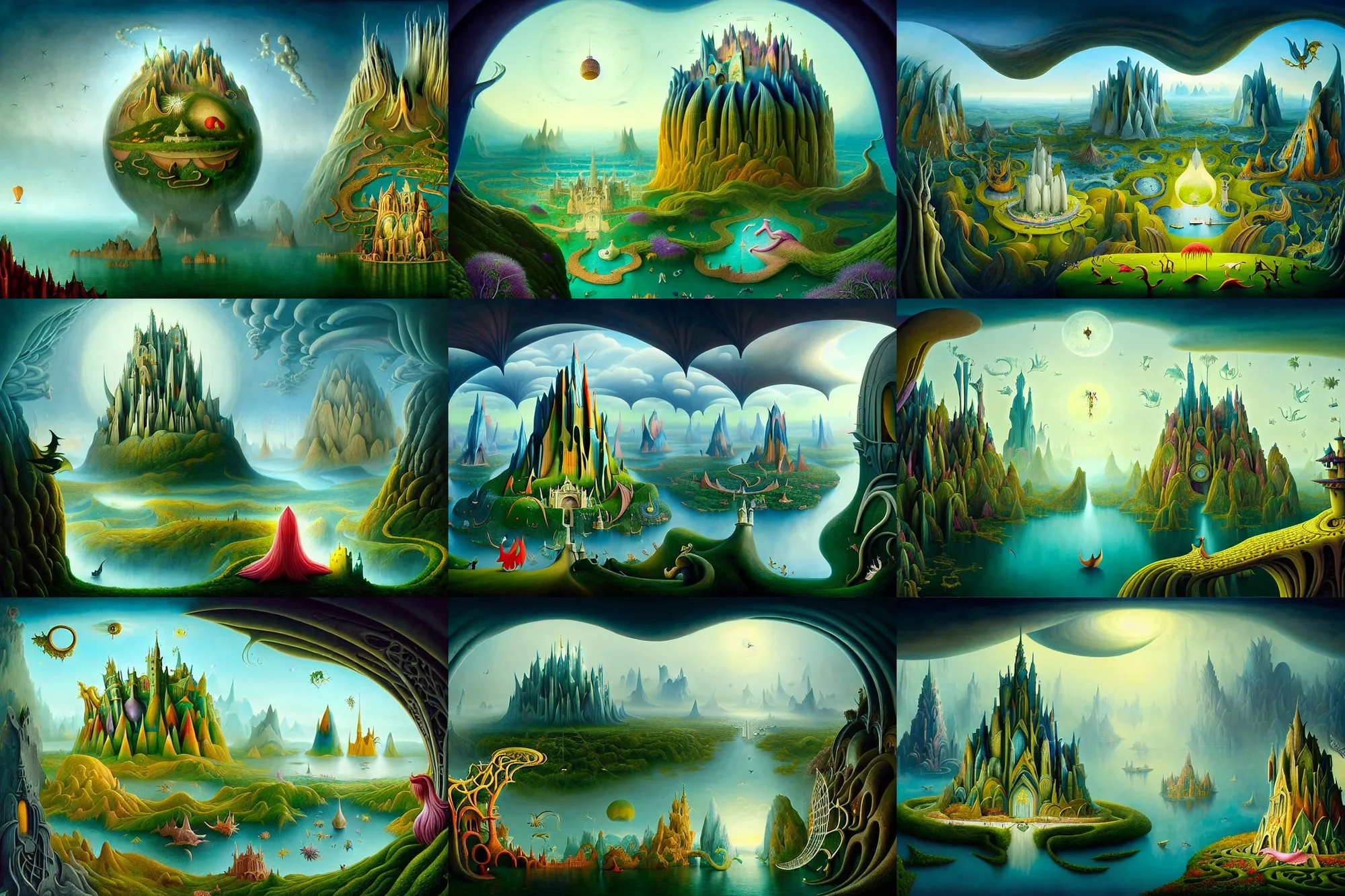 Prompt: a beguiling epic stunning beautiful and insanely detailed matte painting of windows into dream worlds with surreal architecture designed by Heironymous Bosch, dream world populated with mythical whimsical creatures, mega structures inspired by Heironymous Bosch's Garden of Earthly Delights, vast surreal landscape and horizon by Cyril Rolando and Jeremiah Ketner and Andrew Ferez, masterpiece!!!, grand!, imaginative!!!, whimsical!!, epic scale, intricate details, sense of awe, elite, wonder, insanely complex, masterful composition!!!, sharp focus, fantasy realism, dramatic lighting