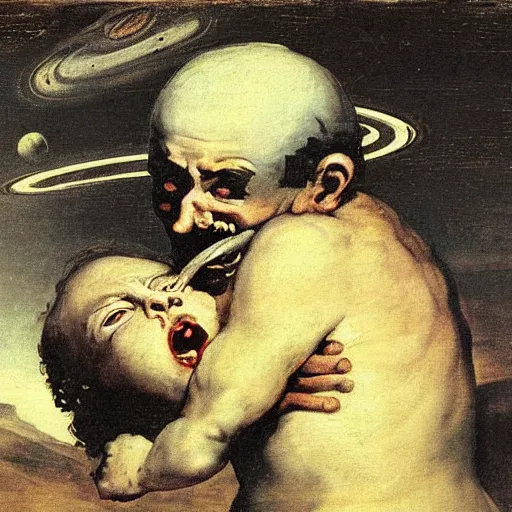 Prompt: a painting of saturn devouring his son, by francisco goya