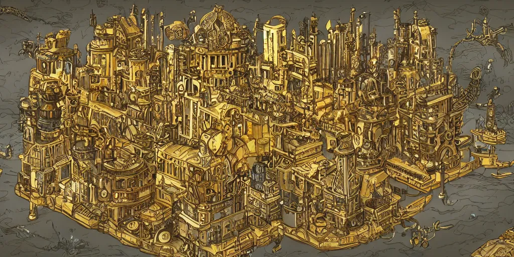 Image similar to a golden steampunk city in the style of arcane