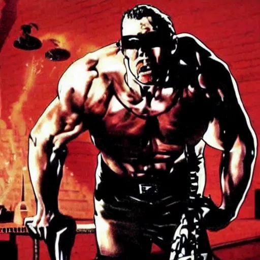 Image similar to duke nukem as the american psycho, staring intensely, duke nukem art style, explosive background, cinematic still