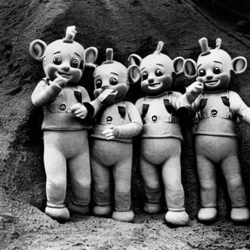 Image similar to teletubbies in a trench during world war 2