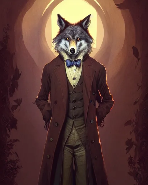 Image similar to anthropomorphic art of a detective wolf, victorian inspired clothing by artgerm, victo ngai, ryohei hase, artstation. fractal papersand books. highly detailed digital painting, smooth, global illumination, fantasy art by greg rutkowsky, karl spitzweg