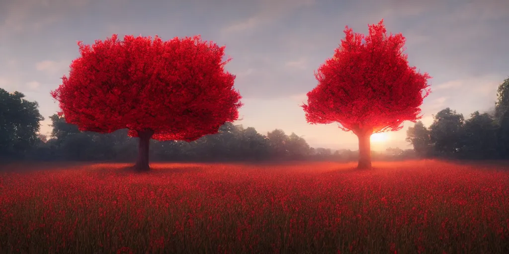 Image similar to a single big red tree in the middle of a battlefield near a bunch of red flowers at sunrise, hyperrealistic, concept art, octane render, unreal engine 5, trending on Artstation, high quality, 8K, dramatic lighting, cinematic, high coherence, highly detailed, Midjourney style, epic scene, path traced, low contrast, complementary colors