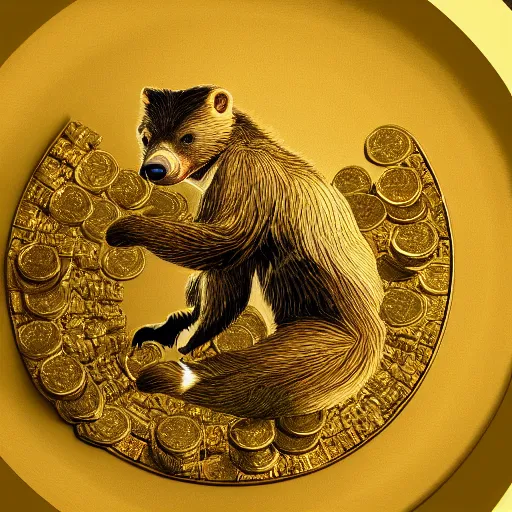 Image similar to a honey badger sitting on a large pile of gold coins, animated, digital art, trending on artstation, 4 k