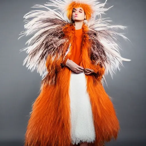 Prompt: photograph of a haute couture deep orange furry and feathery coat with an oversized collar