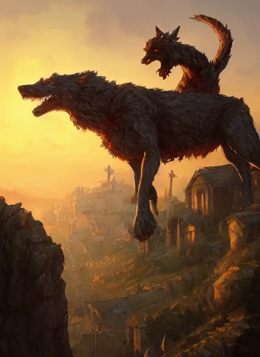 Image similar to a beautiful artwork illustration, rim light Fenrir standing over a medieval village at sunset, destruction, by Greg Rutkowski and Jesper Ejsing and Raymond Swanland, featured on artstation, wide angle, vertical orientation