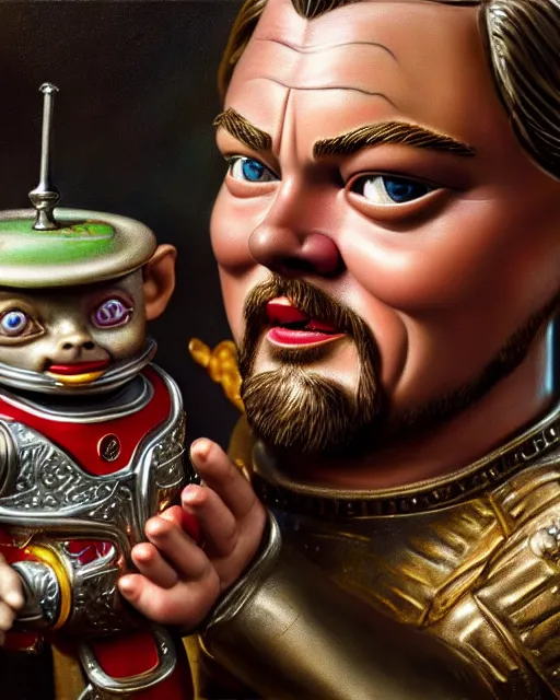 Image similar to highly detailed closeup, face profile portrait of a tin toy leonardo dicaprio as a medieval goblin eating cakes in a castle, hyper realistic, artstation, illustration, nicoletta ceccoli, mark ryden, lostfish, dan decarlo, bob clampett, max fleischer, digital paint, matte paint, vivid colors, detailed and intricate environment