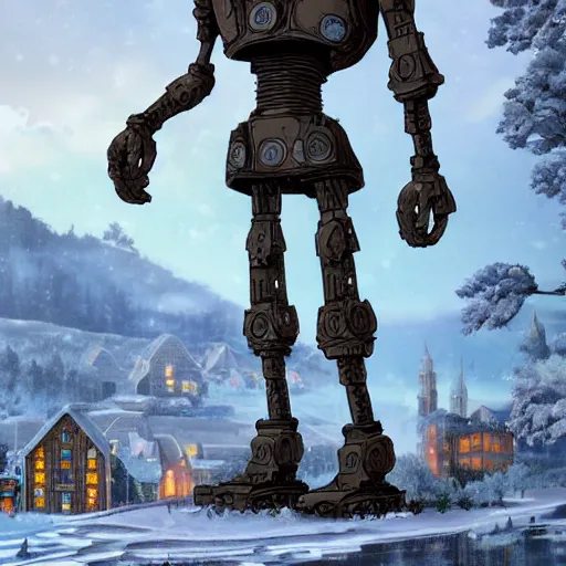 Image similar to the iron giant standing stoically looking towards a small town, snow, highly detailed, deep aesthetic, 4k, highly ornate intricate details, rich colors, digital artwork, symmetrical, ray tracing,