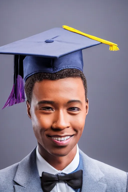 Prompt: a portrait photo of a detailed animatronic human wearing a oxford graduation hat. nikon z 9. 5 0 mm, f / 1. 8 photography. portrait photography. ultra hd, 8 k, graduation photo, sharp