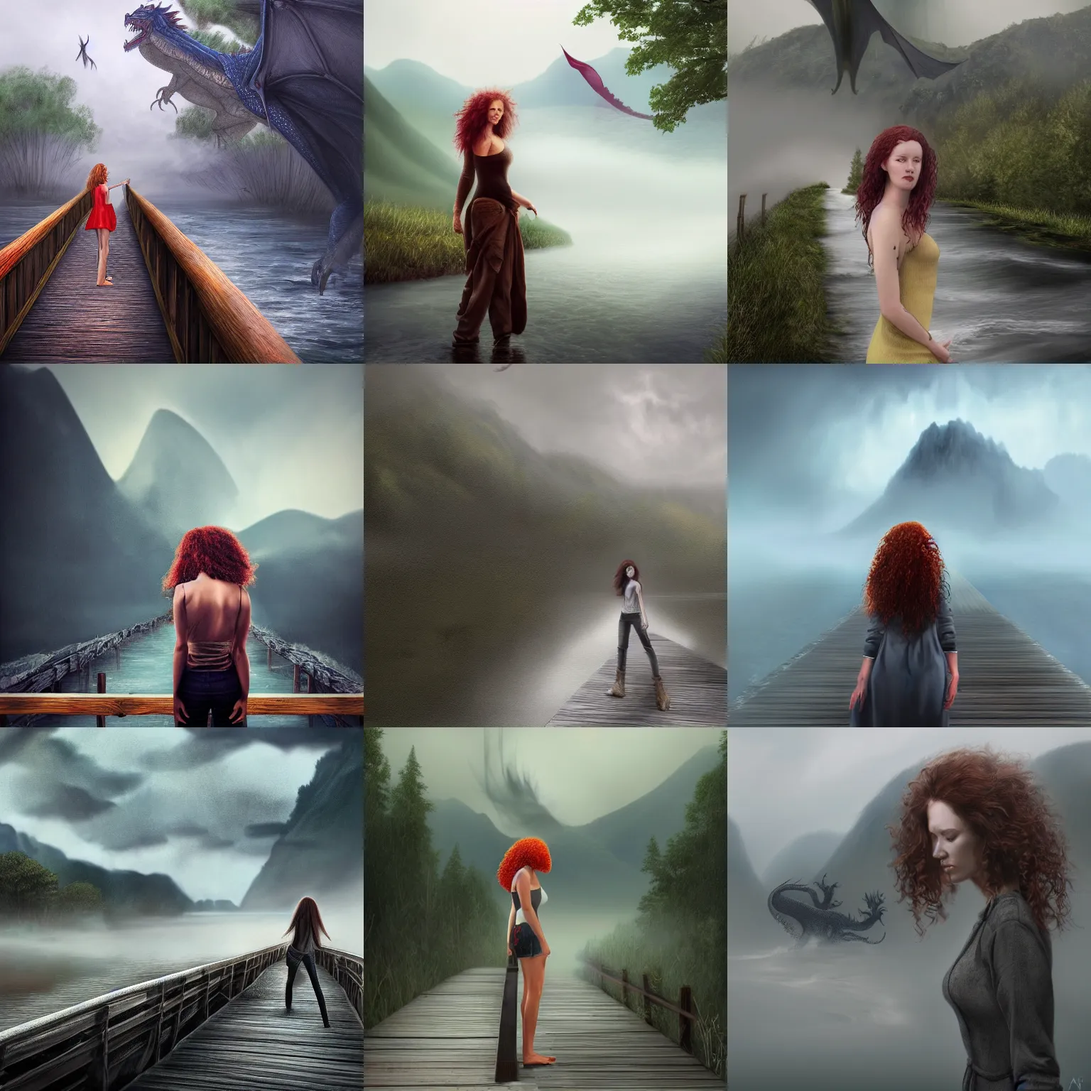 Image similar to a realistic digital painting of a woman with curly long redhair standing in a boardwalk on top of a river looking at a dragon flying out of the mountains in a fog during a thunderous weather. Trending on ArtStation. Epic Art. Emotional