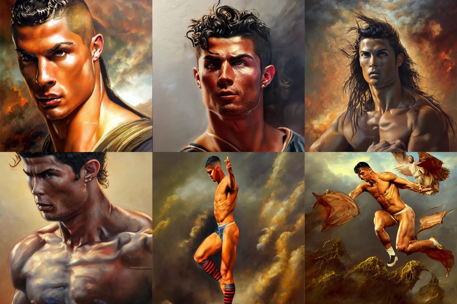 Prompt: Beautiful oil painting depicting Cristiano Ronaldo ninja warrior Lucas Graziano, Frank Frazetta, Greg Rutkovsky, Boris Vallejo, epic fantasy portrayal of characters, exquisite details, post-processing, low angle, masterpiece, cinematic