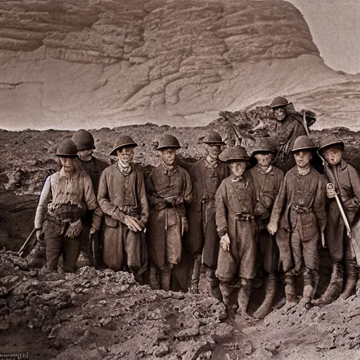 Prompt: ultra detailed photorealistic sepia - toned photo from 1 9 1 7, a small group of british soldiers standing at an archaeological dig site in wadi rum, ultra realistic, painted, intricate details, lovecraft, atmospheric, dark, horror, brooding, highly detailed, by clyde caldwell