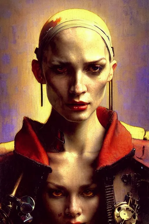 Image similar to full character portrait max mad cyberpunk warhammer 4 0 k, medic sapper not the girl with the pearl earring character design, painting by gaston bussiere, katsuya terada, nc wyeth, greg rutkowski, craig mullins, vermeer, frank frazetta, mucha, tom of finland, trending on artstation, by norman rockwell