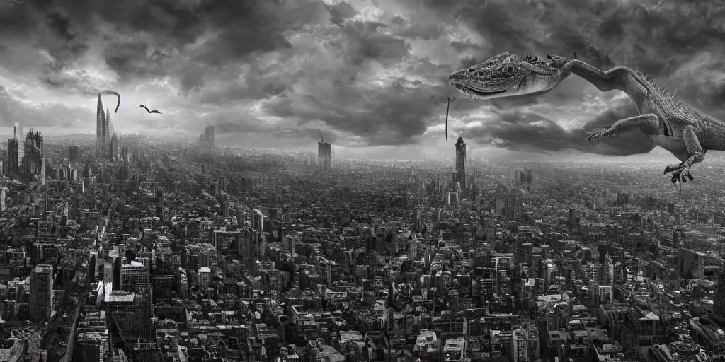 Prompt: giant lizard looming over city, grayscale, old time camera, realistic 4 k octane beautifully detailed render, 4 k post - processing, highly detailed, intricate complexity, epic composition, magical atmosphere, cinematic lighting, masterpiece, ultra hd