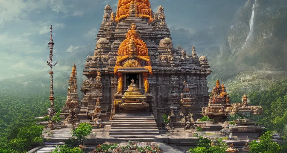 Image similar to a detailed hyper realistic concept art of hindu shiva temple in himalyas, 4 k detailed, artstation