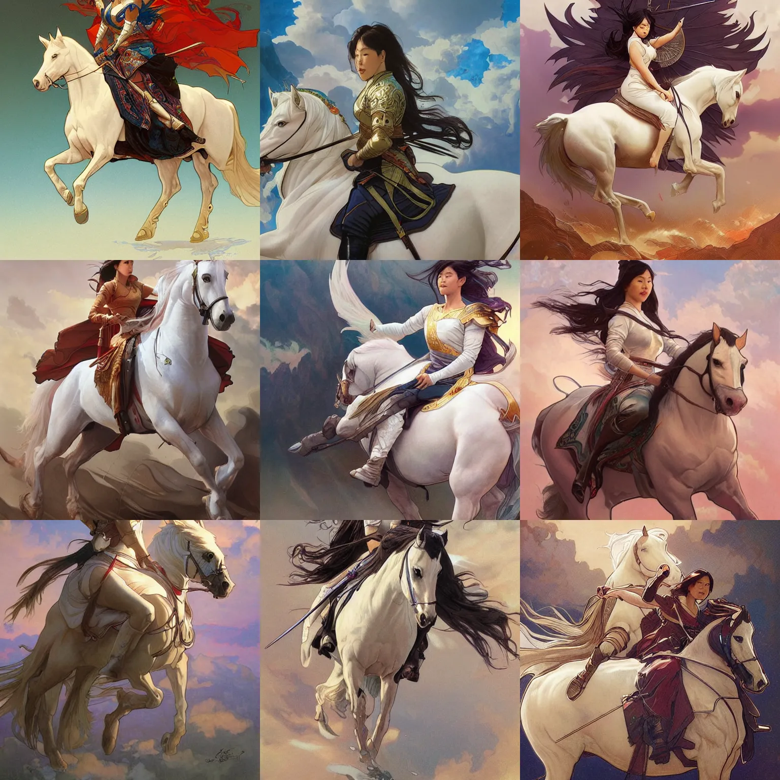 Prompt: An Asian woman riding a white horse into battle by Artgerm and greg rutkowski and alphonse mucha