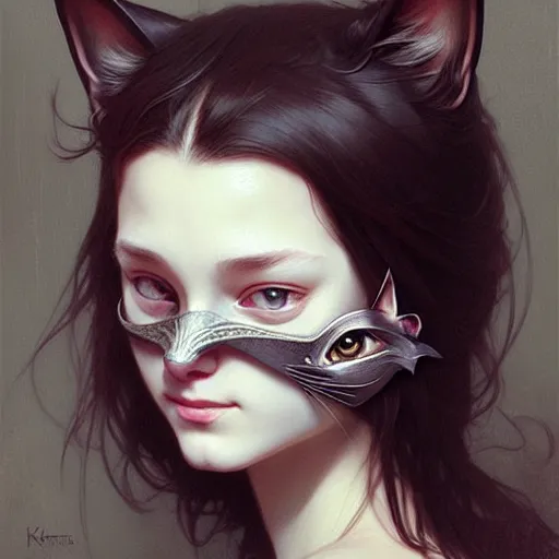 Prompt: Girl wearing a cat mask, face, detailed, intricate, elegant, highly detailed, digital painting, artstation, concept art, smooth, sharp focus, illustration, art by Krenz Cushart and Artem Demura and alphonse mucha