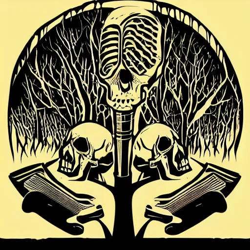 Image similar to dark death metal themed vector illustration for a record label, trees. forest, spikes, skull, microphone, skull, award winning, grunge, iconic, golden ratio