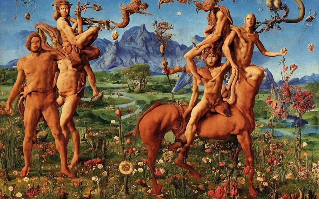 Image similar to a portrait photograph of a meditating satyr and a centaur monk riding a rocket machine and hunting at a river delta. surrounded by bulbous flowers and trees. mountain range under a blue sky of fiery stars. by jan van eyck, max ernst, ernst haeckel, ernst fuchs and artgerm, cgsociety, fashion editorial, 8 k