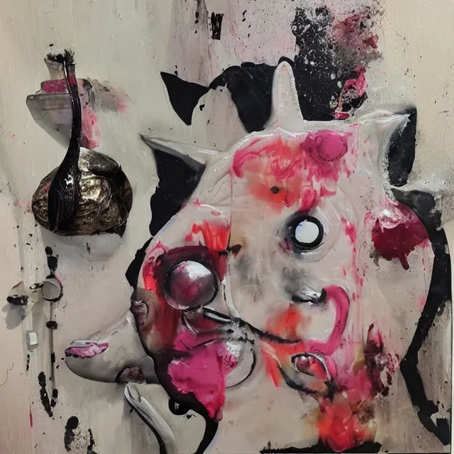 Image similar to “ a portrait in a female art student ’ s apartment, sensual, a pig theme, pork, half - finished sculpture, sculpture work in progress, a candle dripping white wax, clay, squashed berries, berry juice drips, acrylic and spray paint and oilstick on canvas, surrealism, neoexpressionism ”