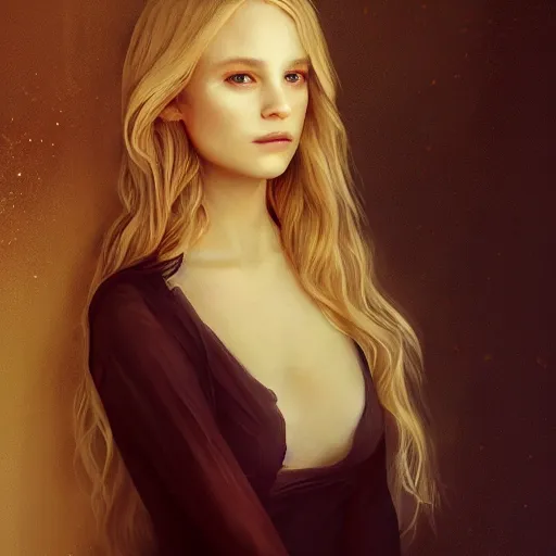 Image similar to pure and kind aristocratic blonde female portrait, sheer flowing dress, atmospheric lighting, painted, intricate, volumetric lighting, beautiful, rich deep colours masterpiece, golden hour, sharp focus, ultra detailed, by leesha hannigan, ross tran, thierry doizon, kai carpenter, ignacio fernandez rios