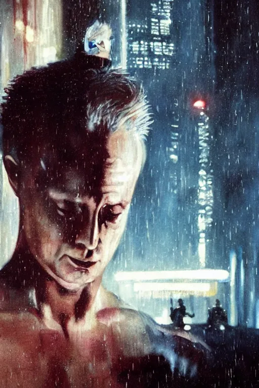 Image similar to a painting of the replicant roy batty accepting the very absurdity of life, all memories will be lost in time like tears in the rain, in the style of blade runner, ridley scott, epic composition, dramatic lighting, octane render