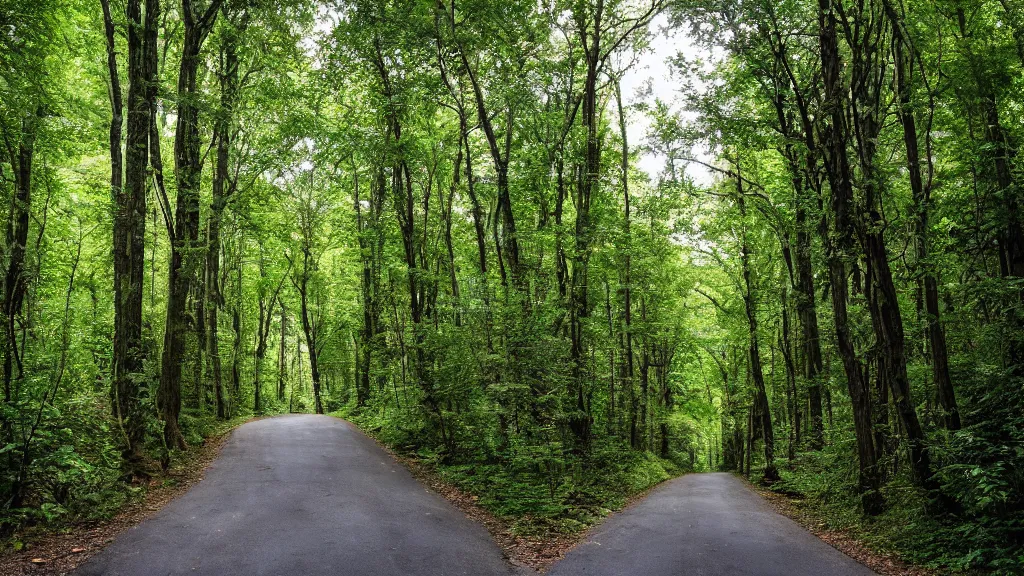Prompt: photograph of a street on a hill that goes through a forest