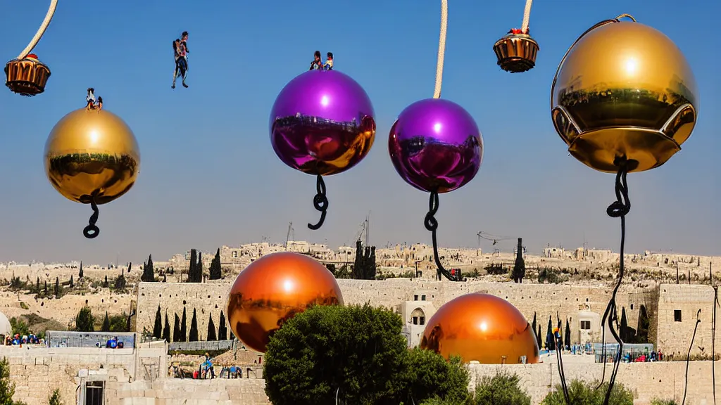 Image similar to large colorful futuristic space age metallic steampunk balloons with pipework and electrical wiring around the outside, and people on rope swings underneath, flying high over the beautiful jerusalem city landscape, professional photography, 8 0 mm telephoto lens, realistic, detailed, photorealistic, photojournalism