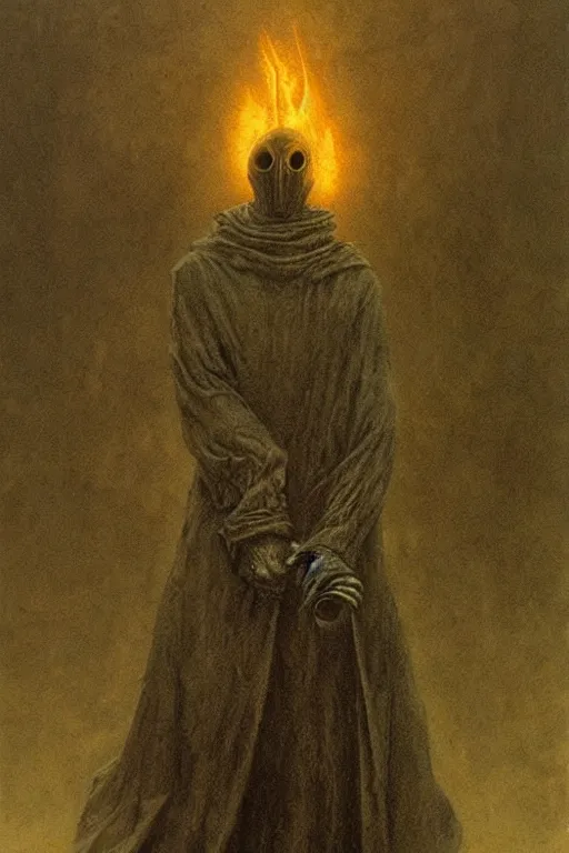 Prompt: plague doctor from iron gridle but human form, destroyed city and flames by zdzislaw beksinski