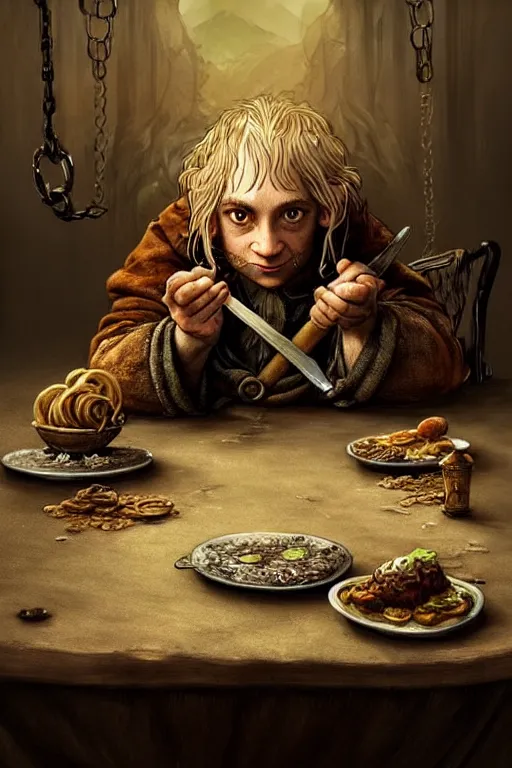 Image similar to dirty faced and very happy looking hobbit looking the table full of food, fantasy, intricate, elegant, highly detailed, digital painting, artstation, concept art, addiction, chains, smooth, sharp focus, illustration, art by Ilja Repin