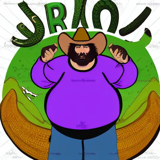 Image similar to hyperreal morbidly obese 2000kilo snake oil salesman wearing authentic purple green sip tech cowboy augmentation and curly snake moustache, fat man standing in front of blank background