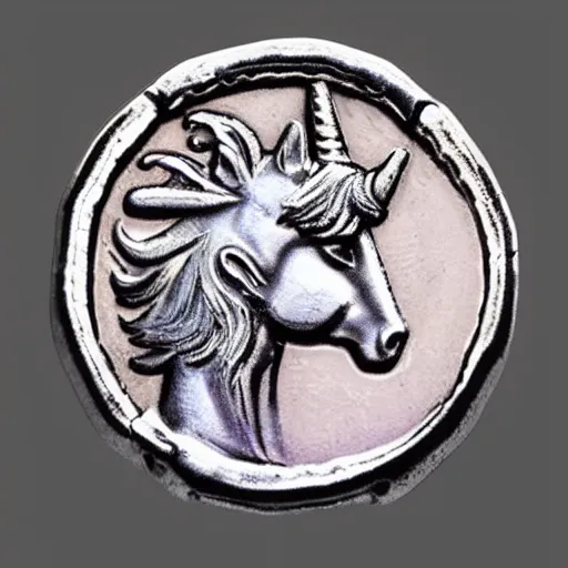 Prompt: twilight sparkle on a roman denarius coin. depiction of unicorn with short muzzle, big eyes, mane. Realistic silver coin. orichalcum