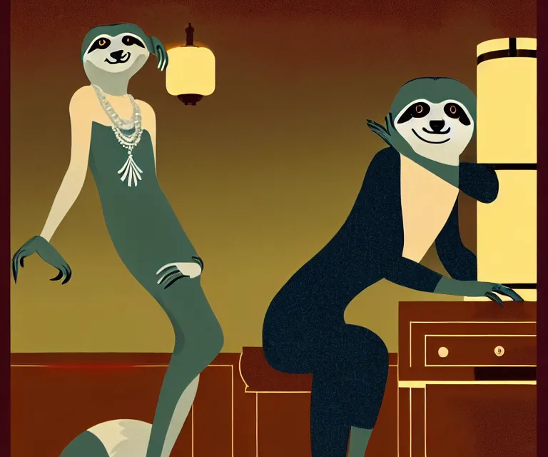 Prompt: sloth anthro as classy 1920s flapper, dimly lit upscale 1920s speakeasy, relaxed pose, art deco, detailed painterly digital art style by Tom Whalen, retro vibe, furaffinity, 🍸, 8k octane beautifully detailed render, post-processing, extremely hyperdetailed, intricate, epic composition, grim yet sparkling atmosphere, cinematic lighting + masterpiece, trending on artstation, very detailed, vibrant colors, Art Nouveau, masterpiece, romanticism