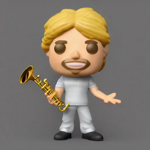 Image similar to a 3d render of blond hippie man playing the sax as a funko pop, studio lighting, grey background