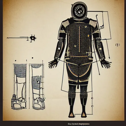 Prompt: blueprint of an armoured diving suit