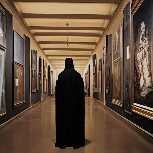 Image similar to the grim reaper standing stoic in black robe, waiting patiently, in a museum with paintings and people, perfect composition, by mike winkelmann, joel sternfeld,