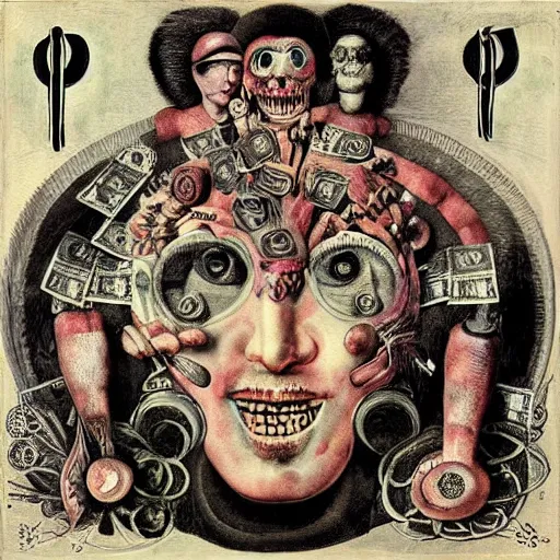 Prompt: post - punk new age album cover, asymmetrical design, dollar sign, money, magic, apocalypse, psychedelic, black white pink, magic, giger h. r., giuseppe arcimboldo