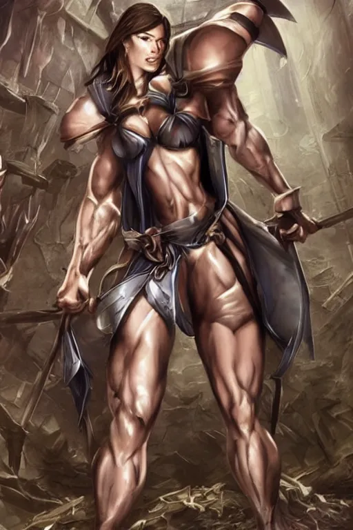 Image similar to fantasy character photo. imposingly tall, broadshouldered, muscular woman. pretty, phoebe tonkin. halfelf. short black hair. thick hypertrophied ripped sinewy swole steroid muscular arms and broad shoulders are bare. fully dressed, rest of body entirely covered by polished silver cobalt armor. built like female bodybuilder. fully dressed. female.