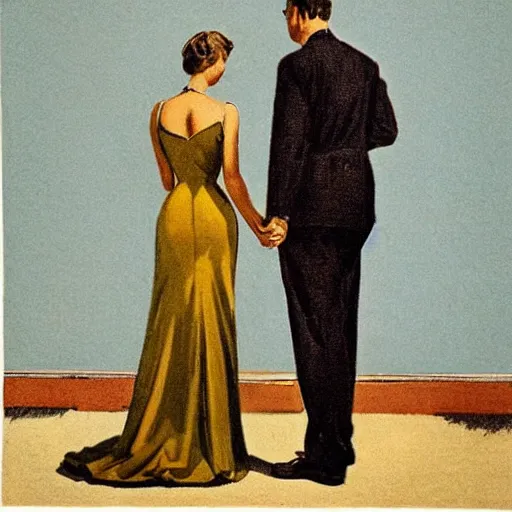 Image similar to “stunning, highly detailed portrait, very detailed, couple, from behind, from side, holding tin can, color vintage magazine illustration 1950”