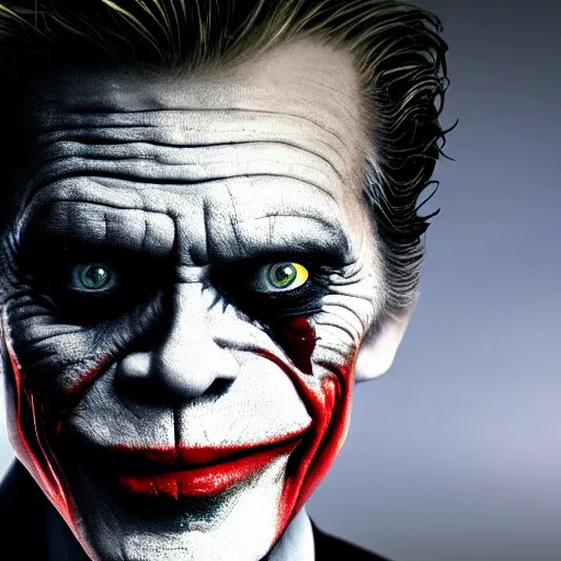 Image similar to willem dafoe as the joker, movie poster, superrealism, quality, post - production, image depth, focus, fine details, skin pores, makeup, frowning, mysterious, hazy, 3 d computer render, 8 k