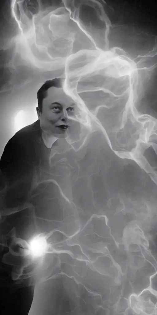 Image similar to elon musk as a ghost photography with bulbous ectoplasm